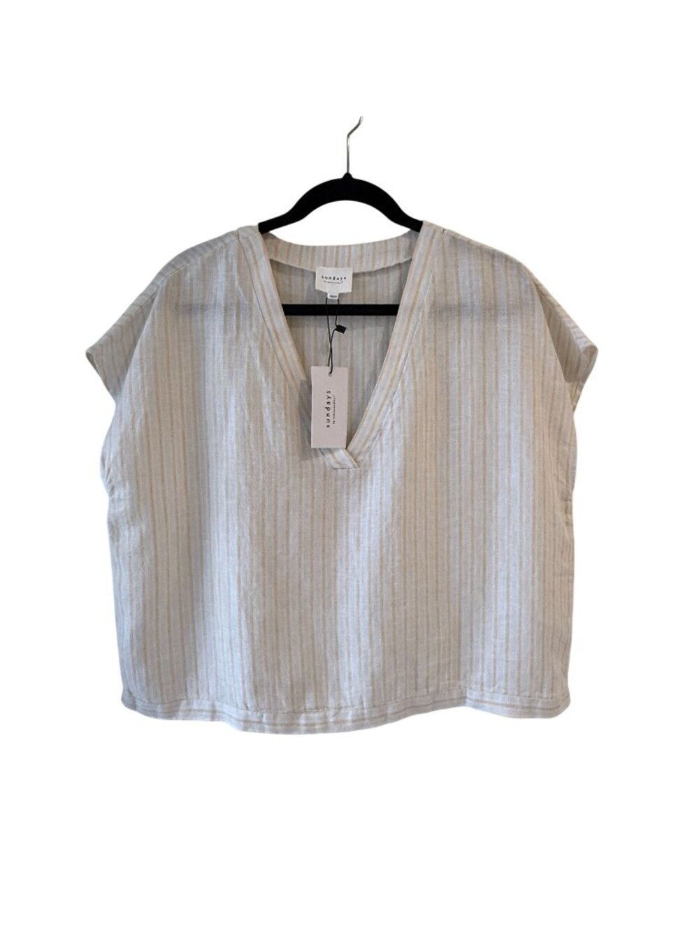 Sundays East Top XS/S Skyway Stripe Linen V-Neck Lightweight Relaxed Fit Blouse